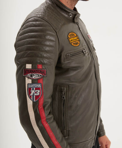 Gasly – Blouson cuir motard kaki vintage | Daytona 73