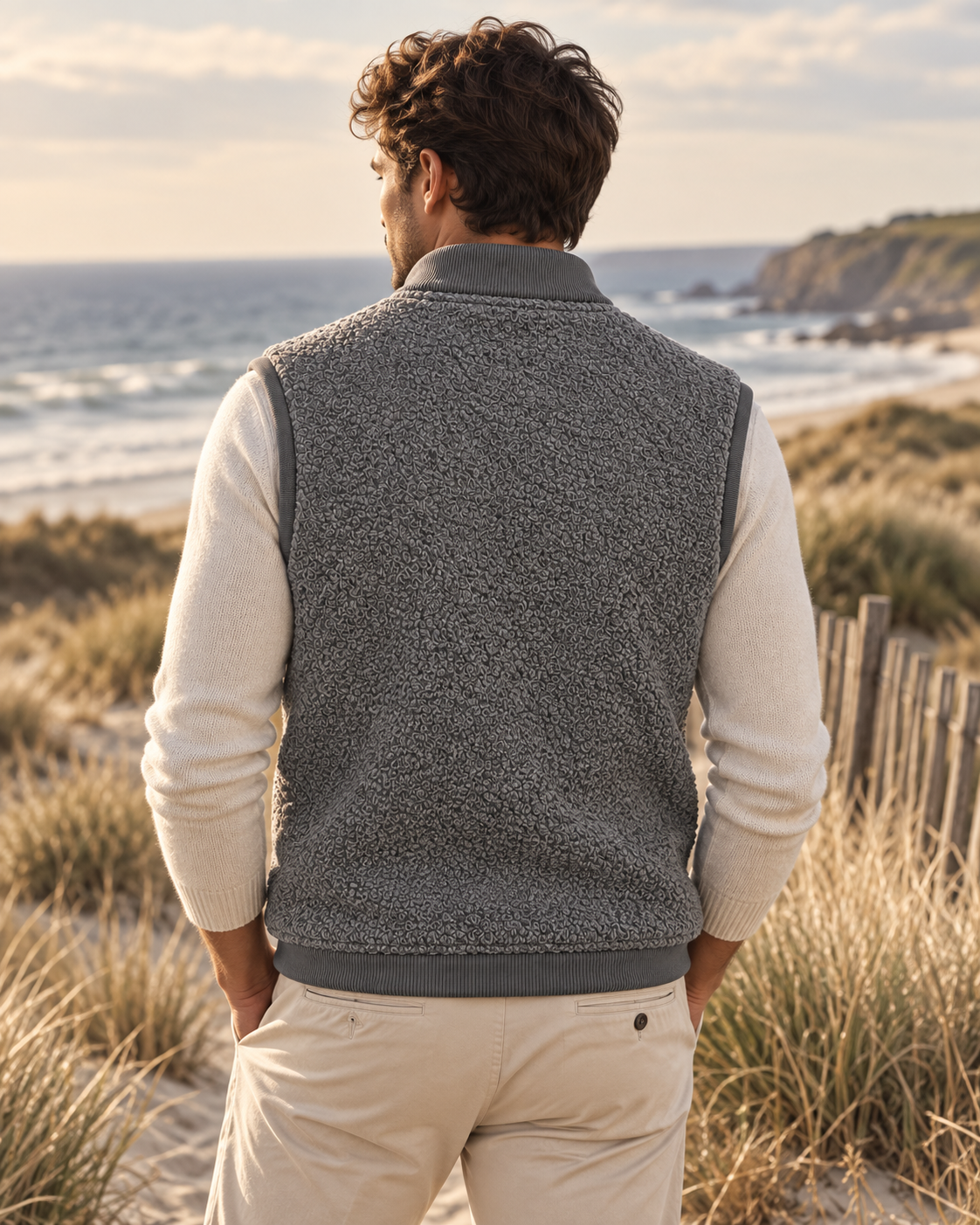 Veste Arthur Hero Seven Grey Melange portée homme vue de dos en bord de mer
