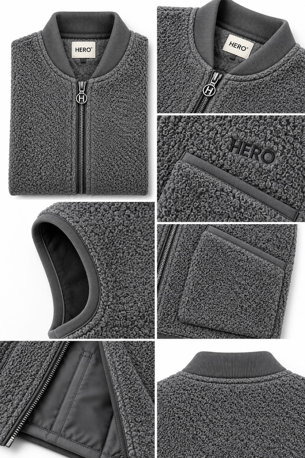 Détails veste Arthur Hero Seven en laine bouillie Grey Melange avec zip, poches et logo