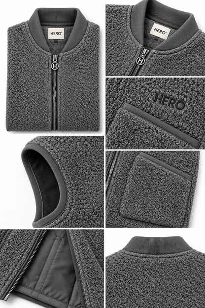 Détails veste Arthur Hero Seven en laine bouillie Grey Melange avec zip, poches et logo