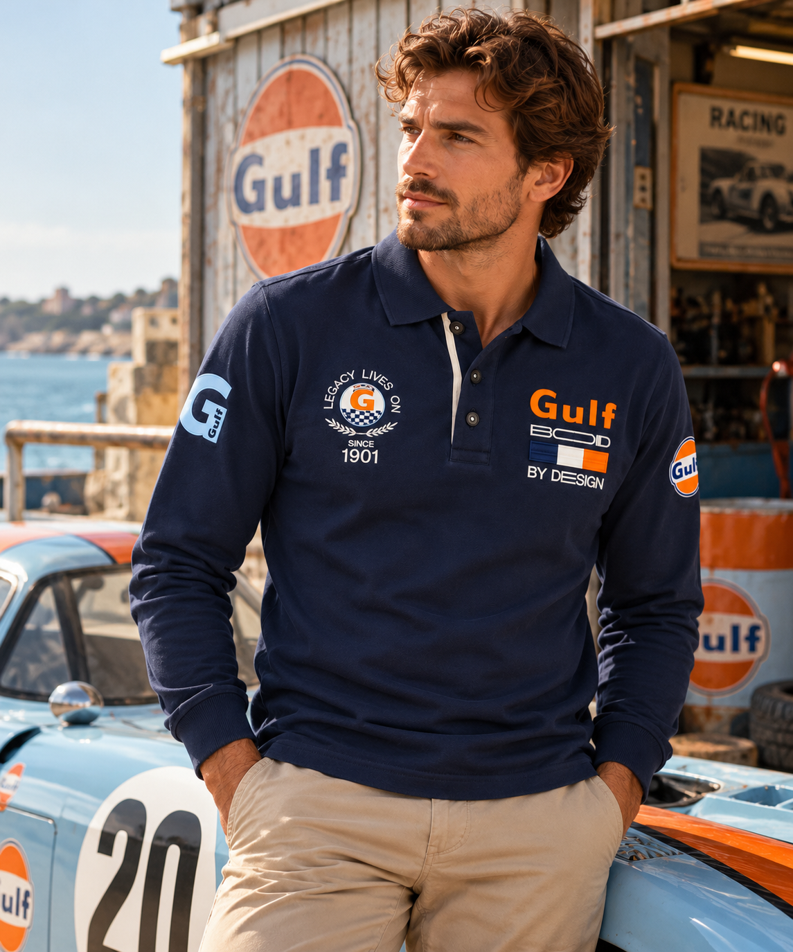 Polo Gulf Bold 1901 bleu marine porté dans un univers automobile vintage