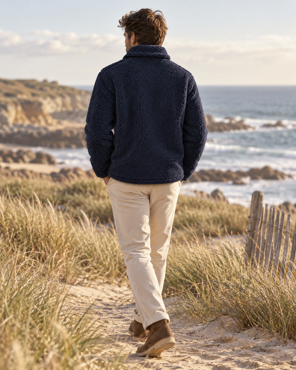 Veste Utility Hartford marine portée homme vue de dos dans les dunes sauvages