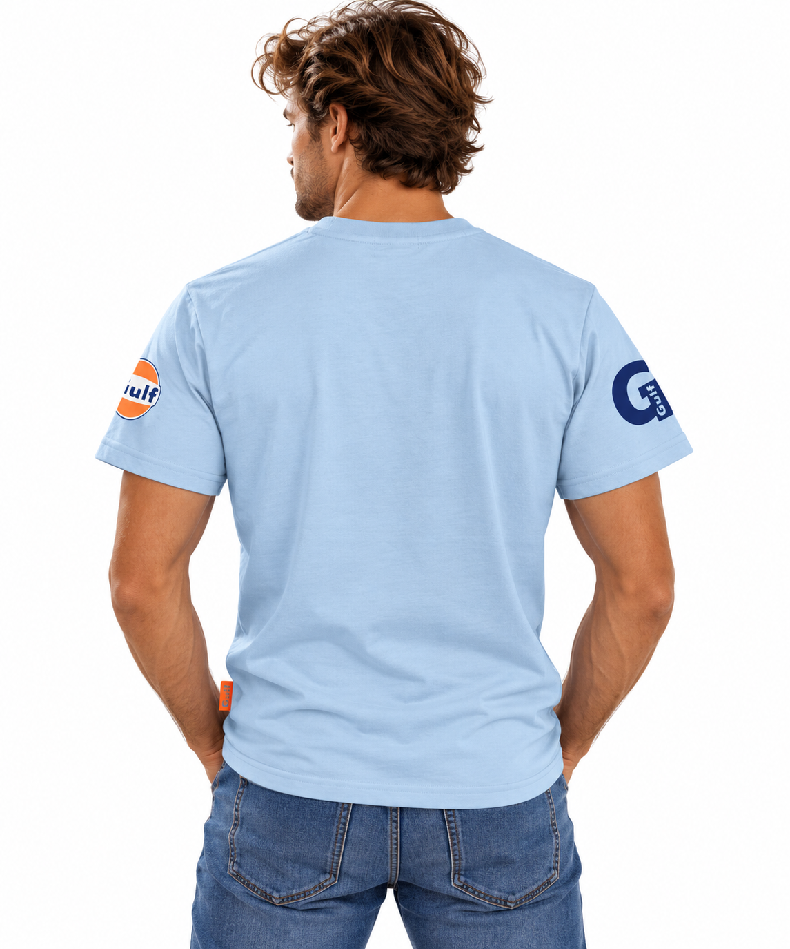 T-shirt Gulf Bold 1901 bleu ciel porté de dos sur fond blanc