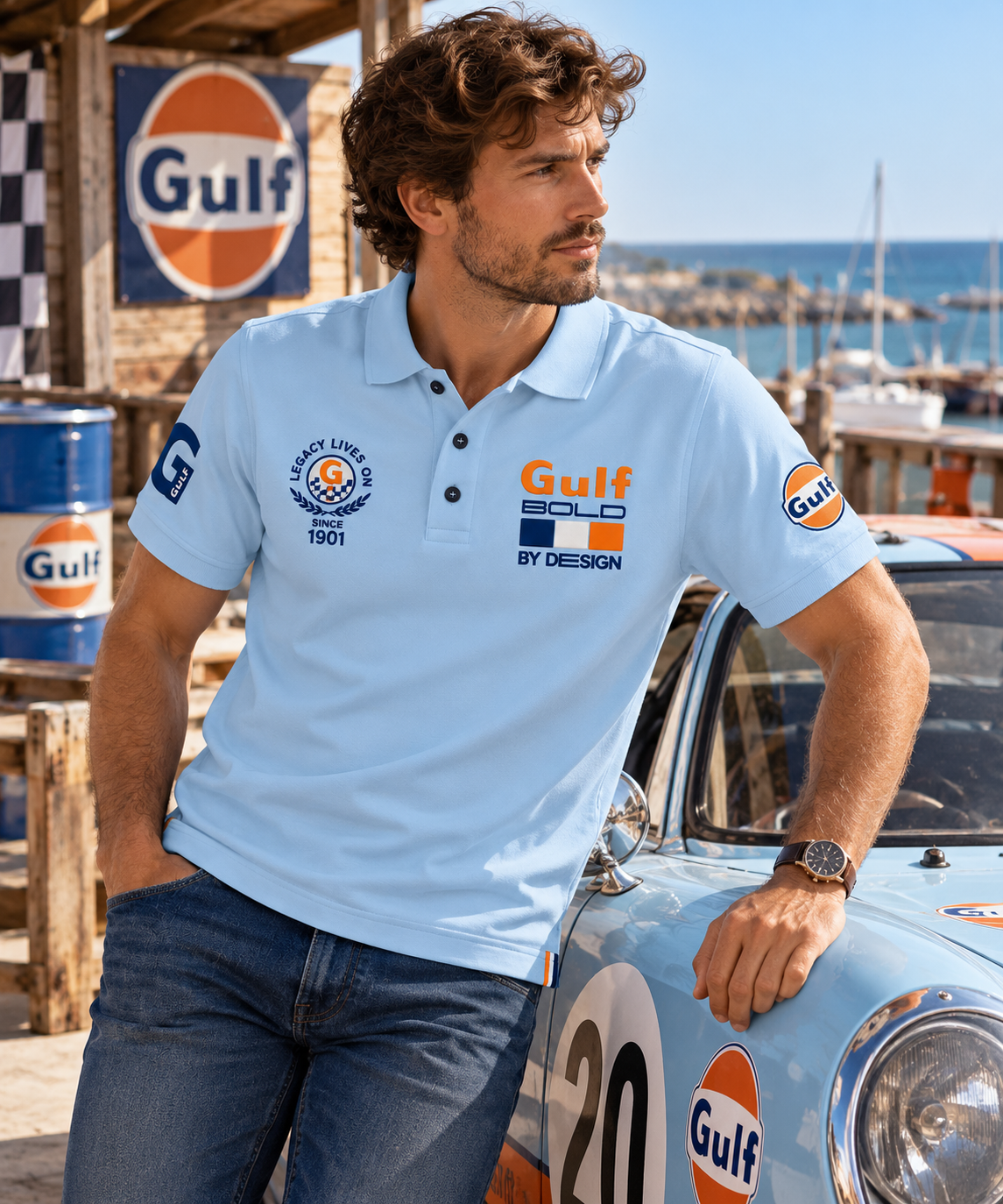	Polo Gulf 125 ans bleu ciel porté dans un univers automobile racing vintage