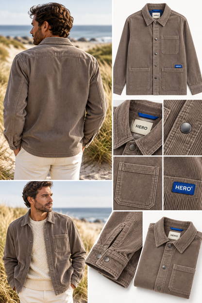Détails veste ADRIEL Hero Seven en velours côtelé avec poches, boutons, logo et finition