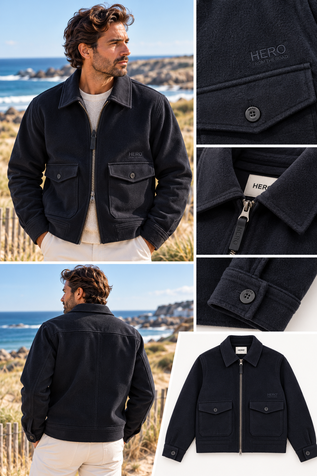 Détails veste TED Hero Seven bleu marine avec poches, zip, boutons et finitions