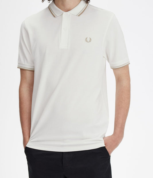 Polo brodé Fred Perry blanc col rayé