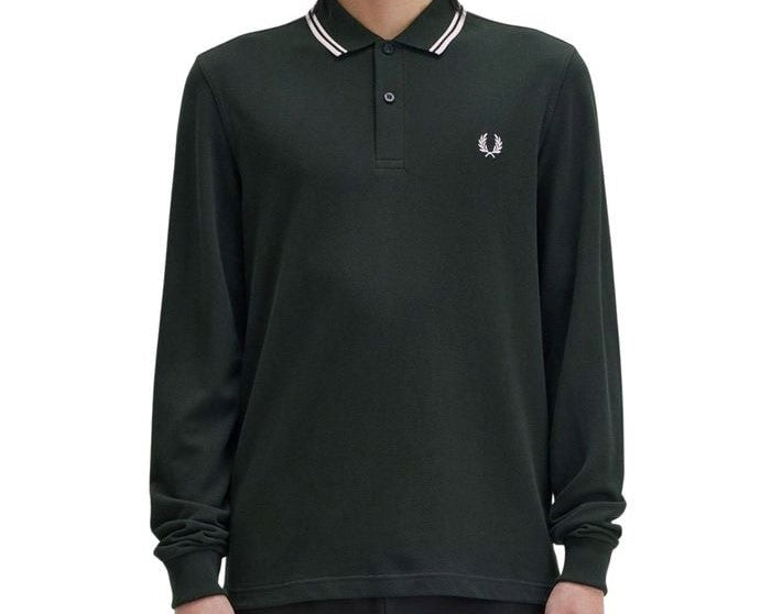 Polo manche longue Fred Perry vert foncé col rayé