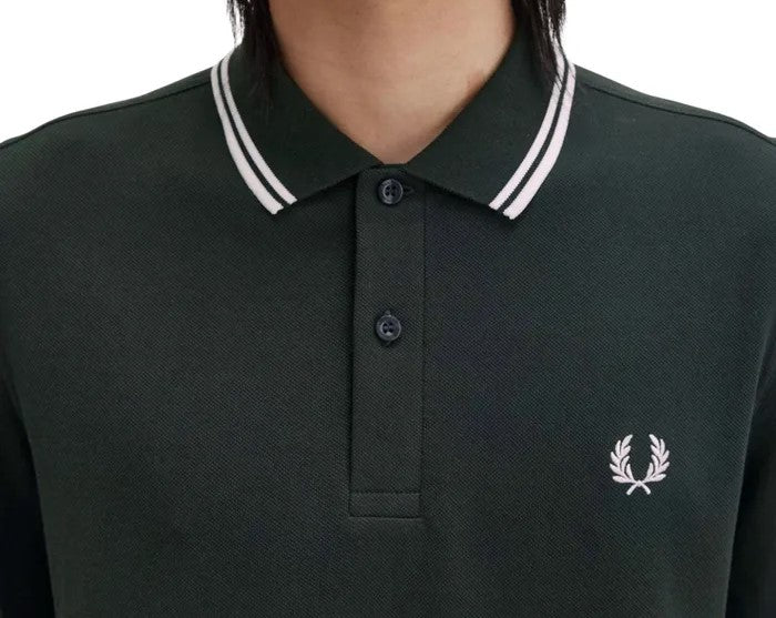 Polo manche longue Fred Perry vert foncé col rayé