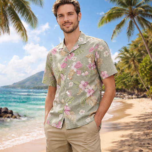 Chemise en coton imprimé hawaï kaki - Paul Hartford
