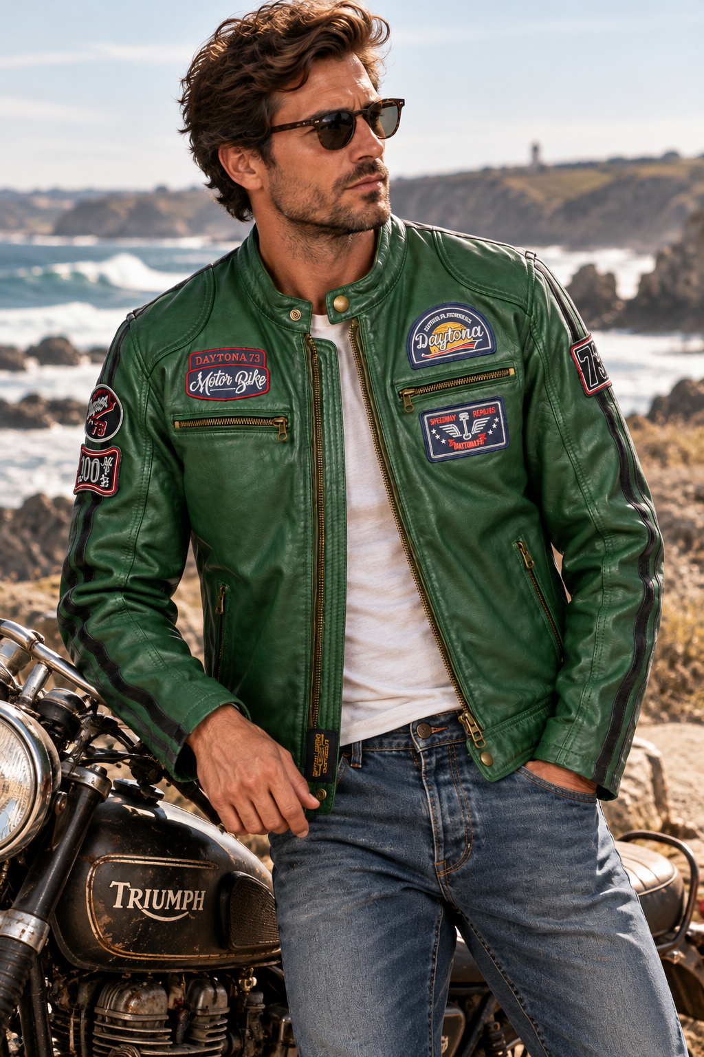 Blouson cuir vert Tormo Daytona 73 porté près d'une moto Triumph vintage, décor de côte rocheuse inspiré de Quiberon.