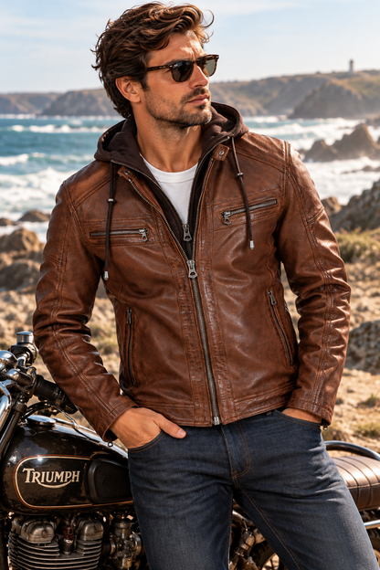 Blouson cuir cognac Bishop Daytona 73 porté avec un jean brut près d'une moto vintage, ambiance côte rocheuse bretonne.