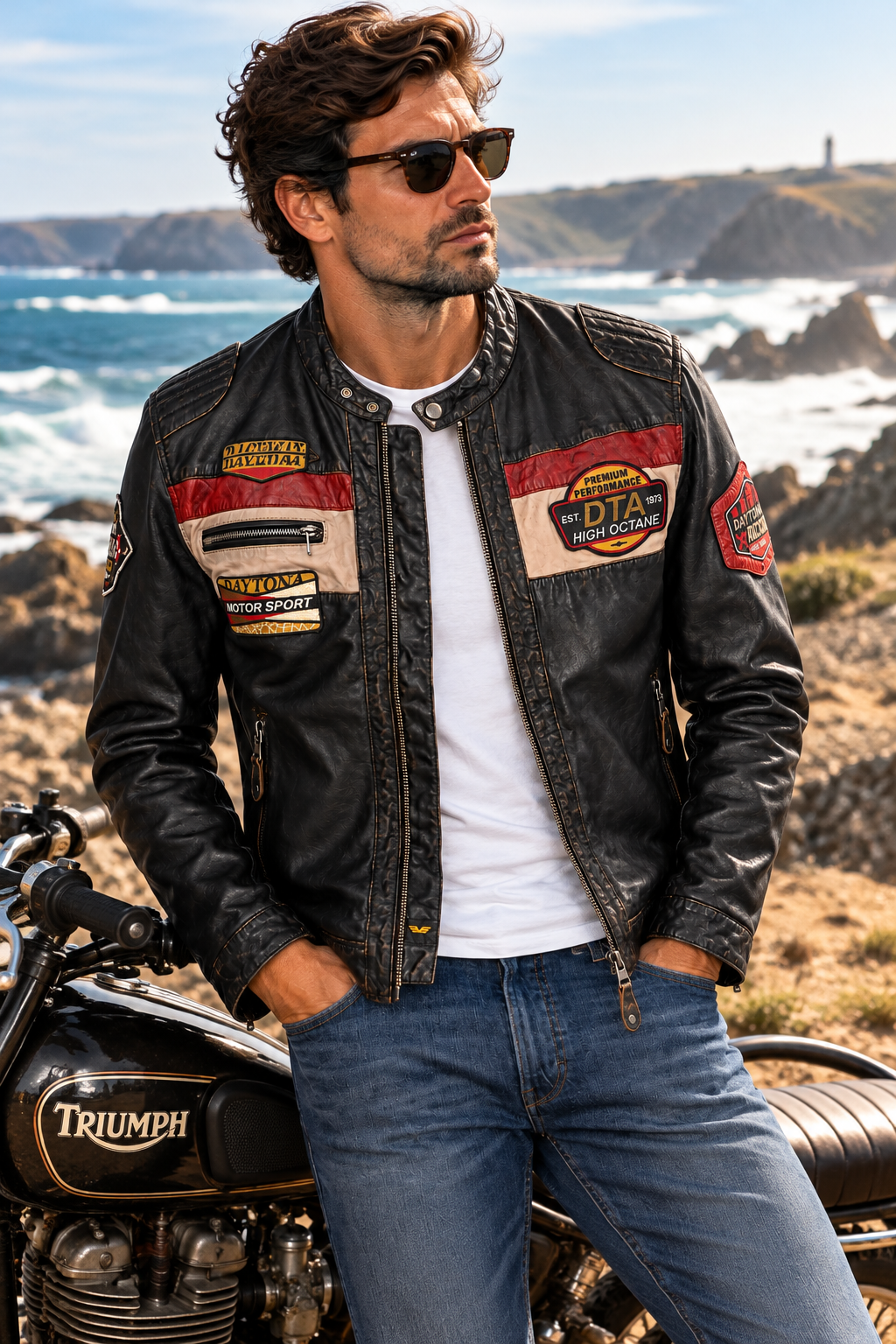 Blouson moto vintage Nedoc Daytona 73 porté près d'une Triumph classique, dans un décor de côte rocheuse inspiré de la Bretagne.