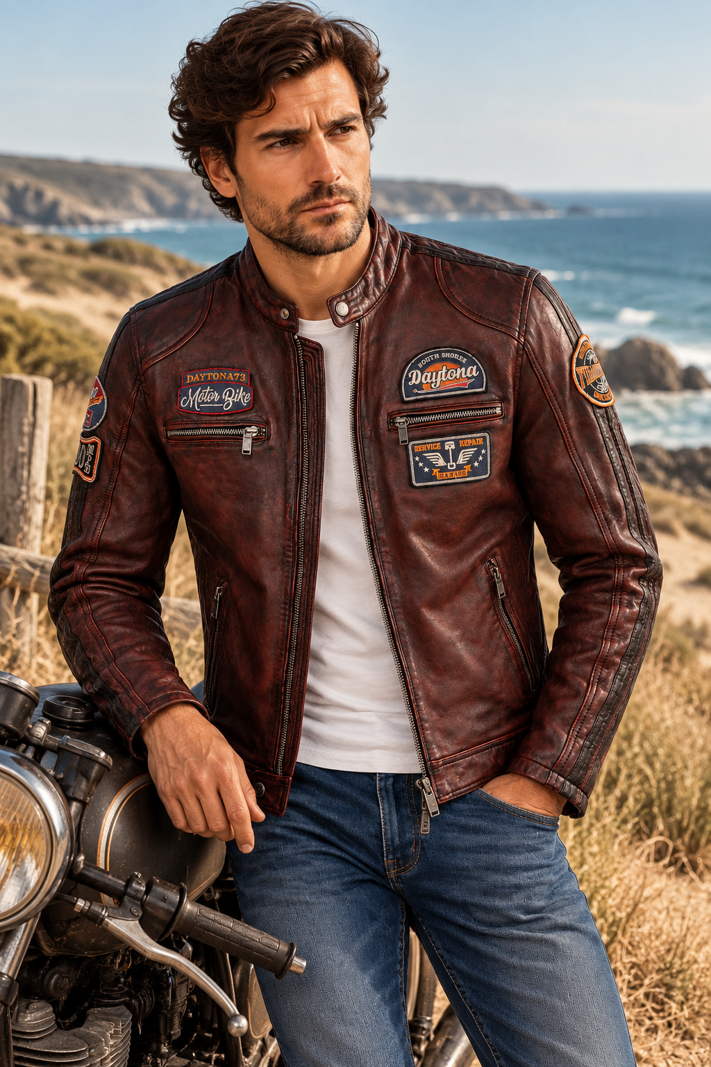Blouson cuir moto vintage Aniak Daytona 73 porté près d’une moto ancienne dans les dunes de la Côte Sauvage