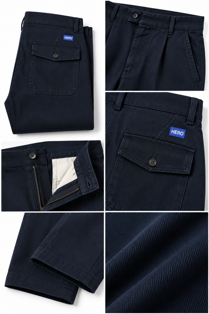 Pantalon KYOTO Hero Seven Dark Navy plié avec détails pinces, poches et toile coton
