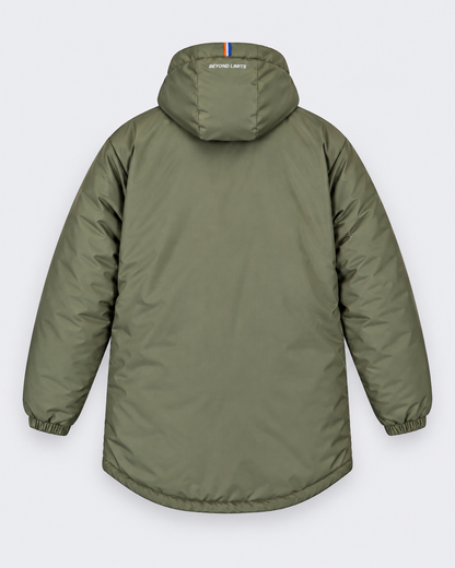 Parka d’hiver Gulf kaki homme vue de dos avec capuche rétro-réfléchissante