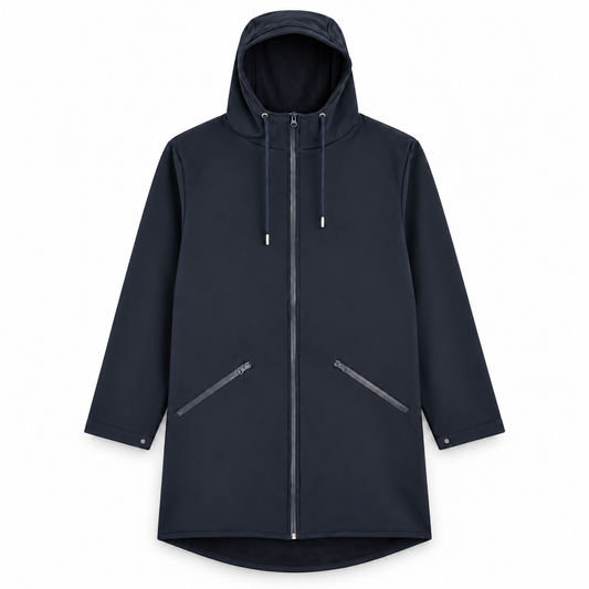 Parka longue bleu marine à capuche pour homme, vue de face avec fermeture zippée et poches zippées obliques.
