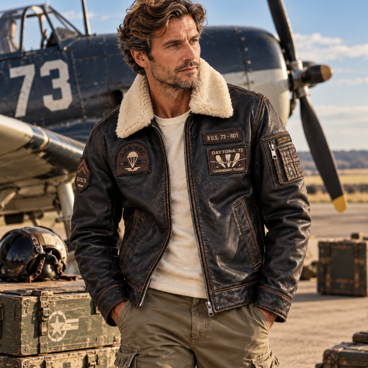 	Blouson cuir CHATOM Daytona 73 porté dans un univers aviation militaire vintage