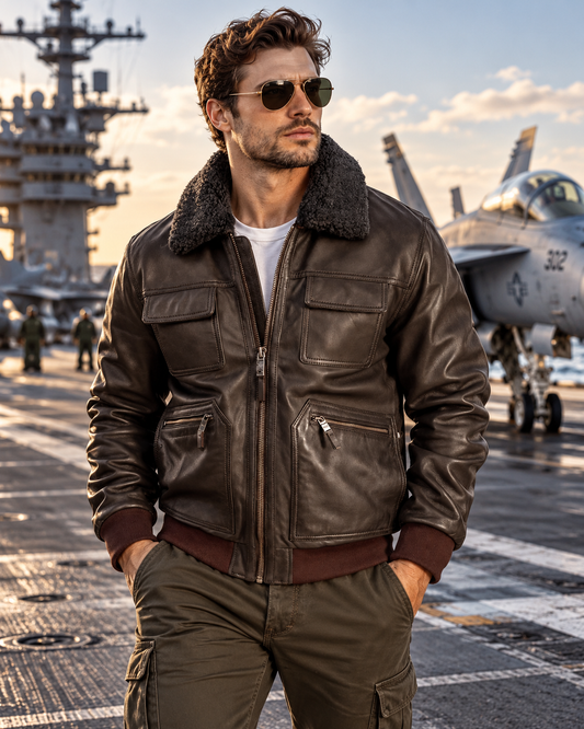 Blouson aviateur homme marron avec col amovible en mouton