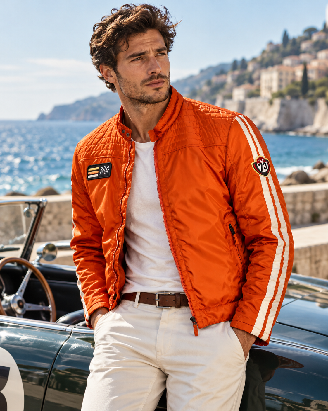 Veste racing orange portée homme esprit automobile vintage Les Garçons de la Côte