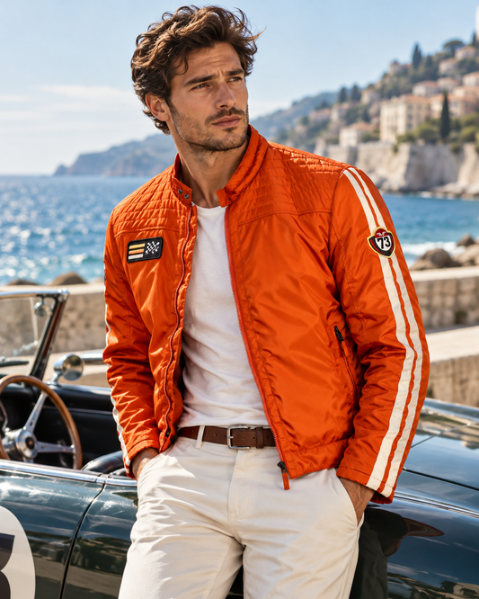 Veste racing orange portée homme esprit automobile vintage Les Garçons de la Côte