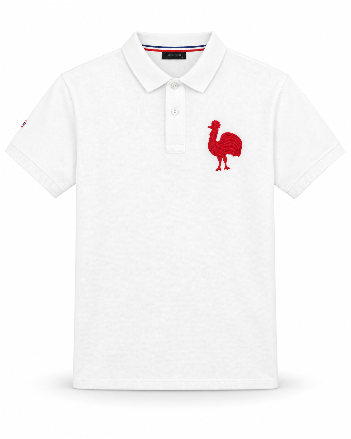 Polo blanc homme Sports d’Époque 1er Coq brodé rouge vue de face