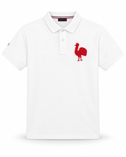 Polo blanc homme Sports d’Époque 1er Coq brodé rouge vue de face