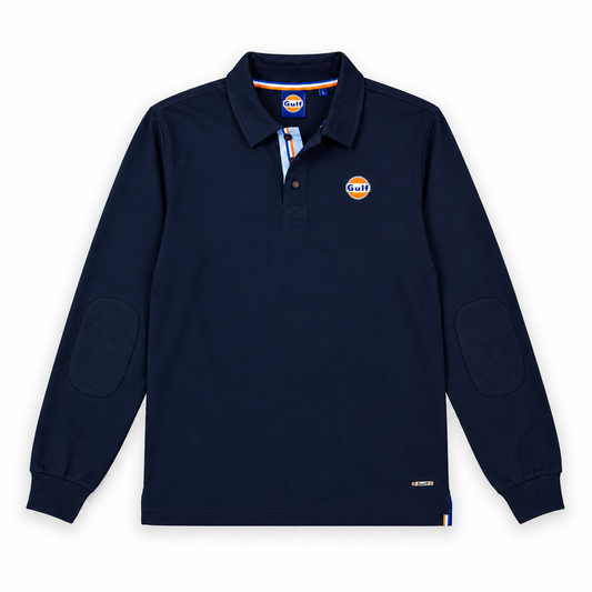 Polo Gulf bleu marine à manches longues pour homme, vu de face avec logo poitrine et coudières matelassées.