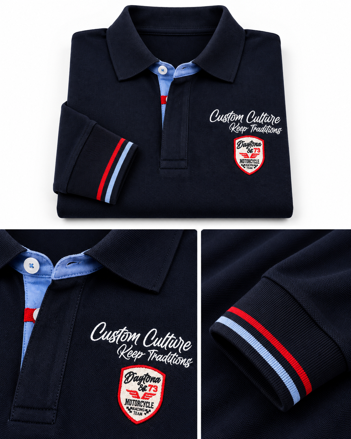 Détails polo SELAWIK bleu marine avec broderie poitrine, col contrasté et poignets tricolores