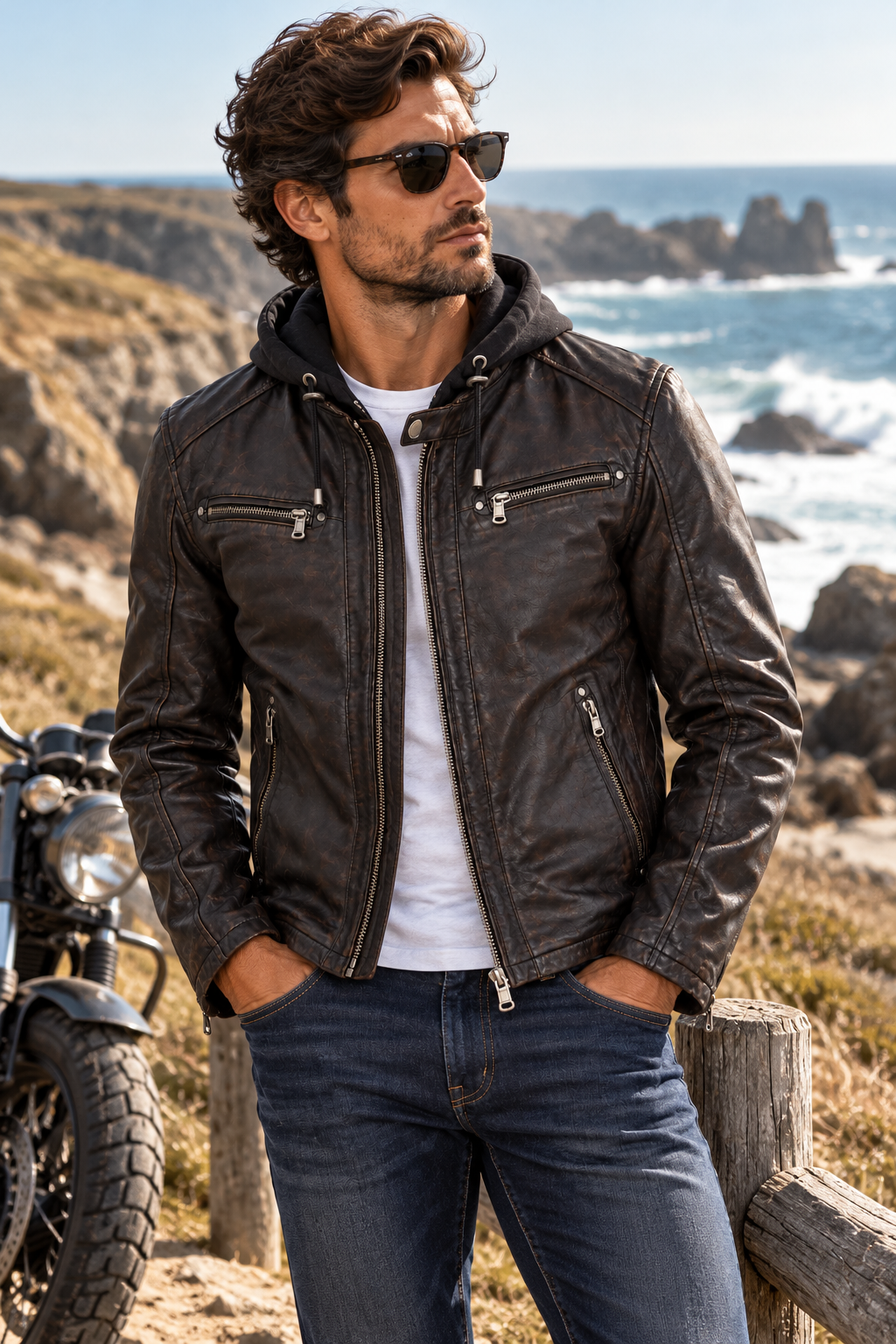 Blouson Winstoner Daytona 73 en cuir marron vieilli porté avec un jean près d'une moto vintage, sur une côte rocheuse inspirée de Quiberon.