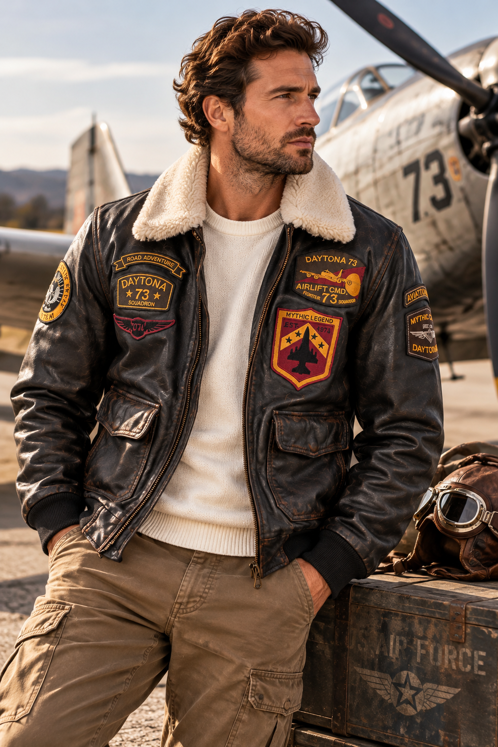 Mannequin portant le blouson aviateur en cuir Mock Daytona 73 devant un avion vintage, style héritage aviation.