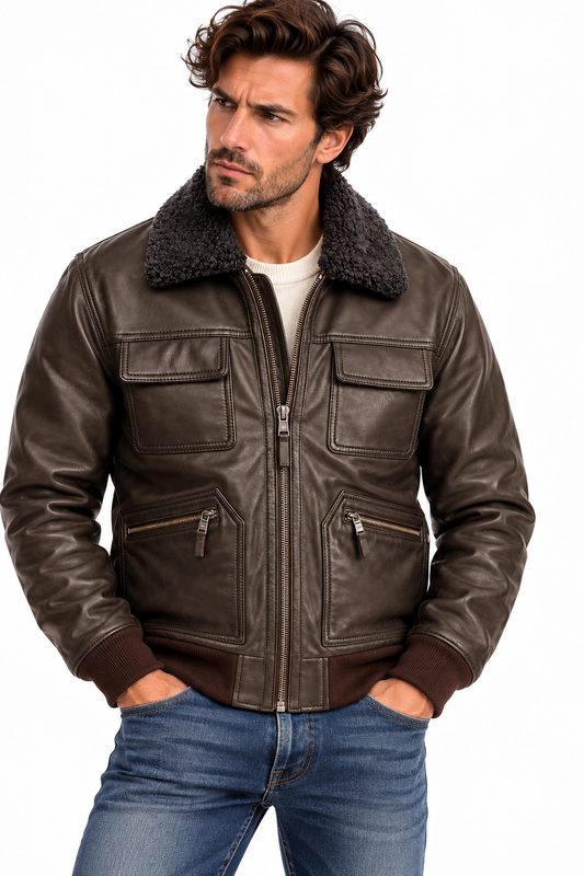 Blouson Aviateur en Cuir de Mouton Marron – Homme