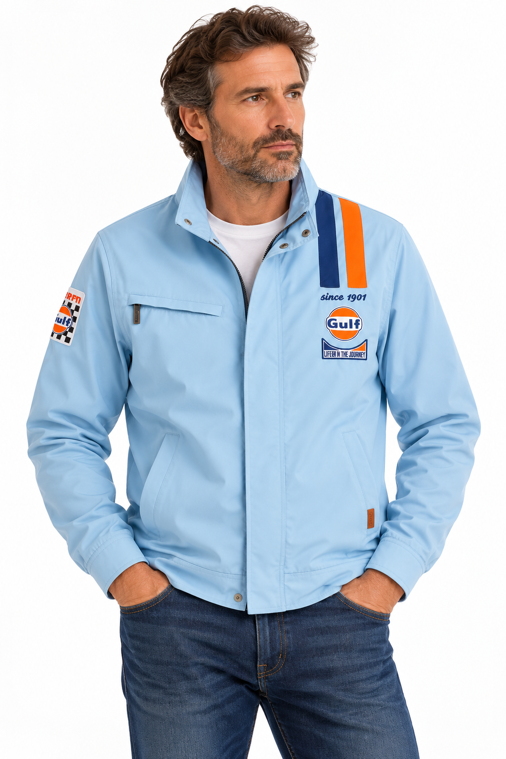 Veste Gulf Legend bleu ciel portée par un homme, vue de face sur fond blanc studio