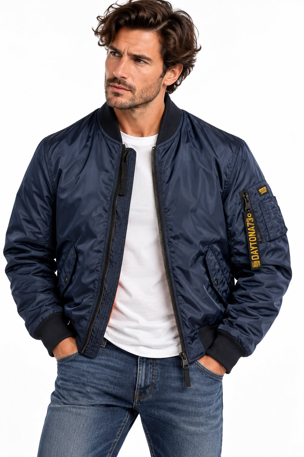 Blouson aviateur ARES Daytona 73 bleu marine porté par un mannequin en studio