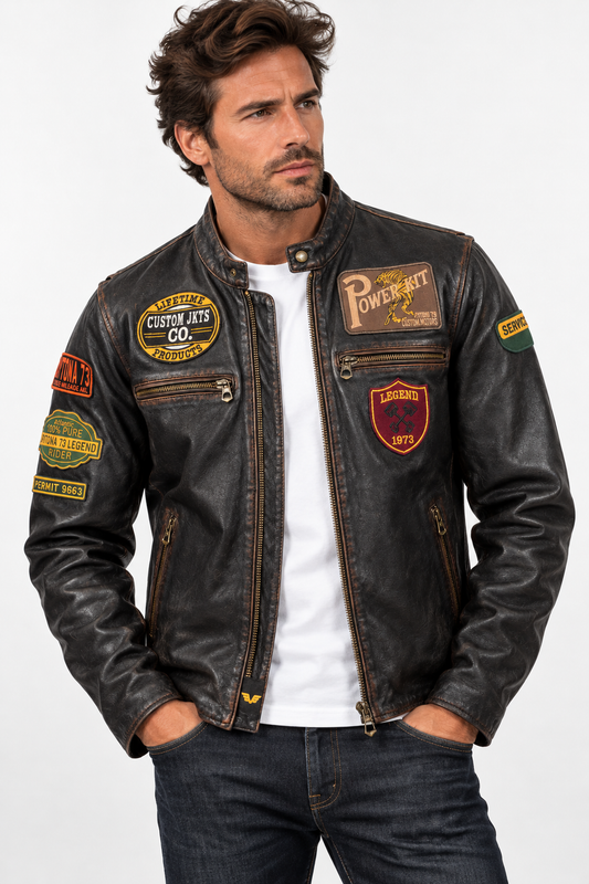 Mannequin portant le blouson cuir Martinez Daytona 73 noir vieilli avec tee-shirt blanc et jean, style biker vintage.