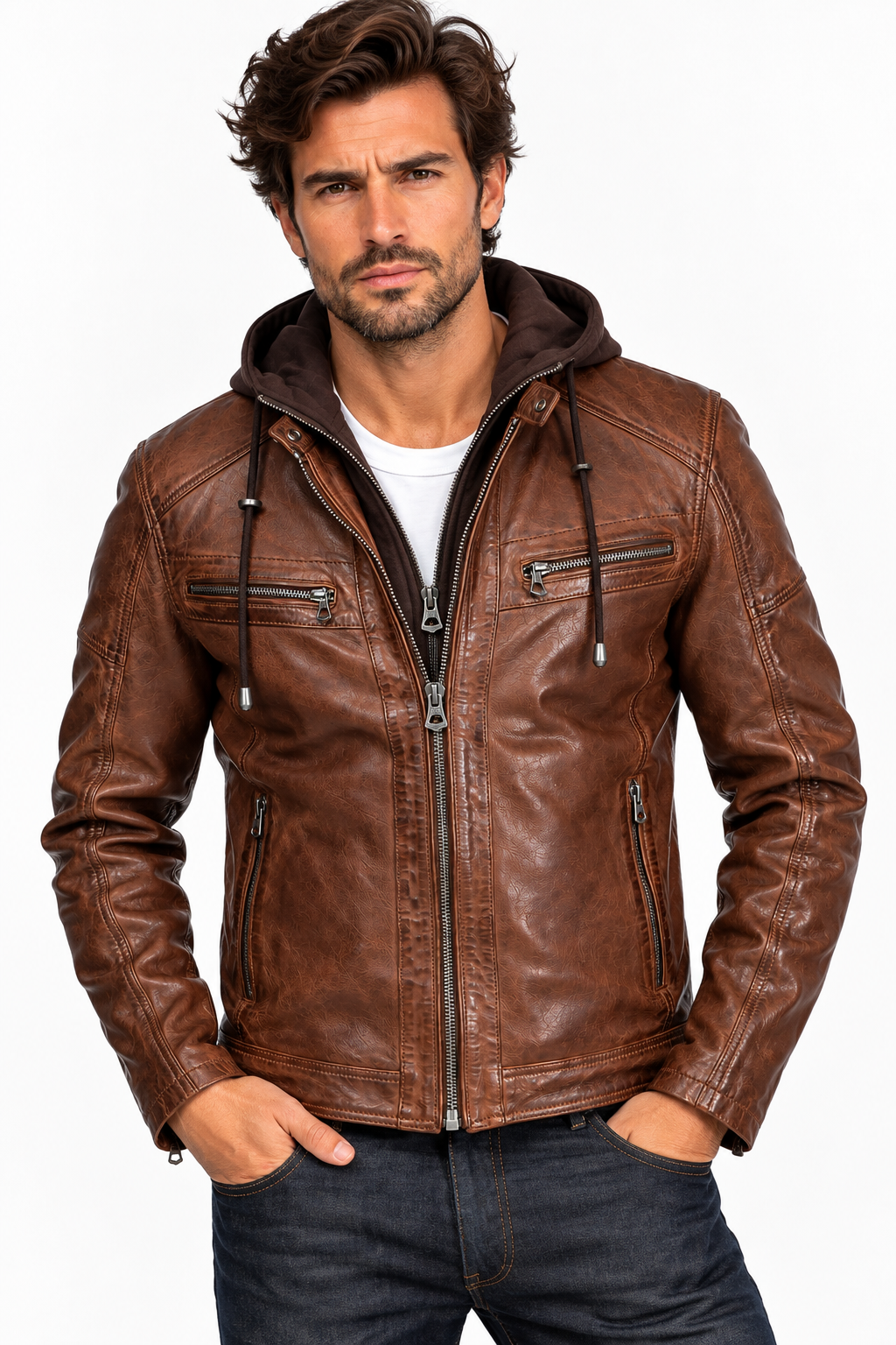 Mannequin portant le blouson cuir Bishop Daytona 73 cognac avec capuche textile marron, tee-shirt blanc et jean brut.