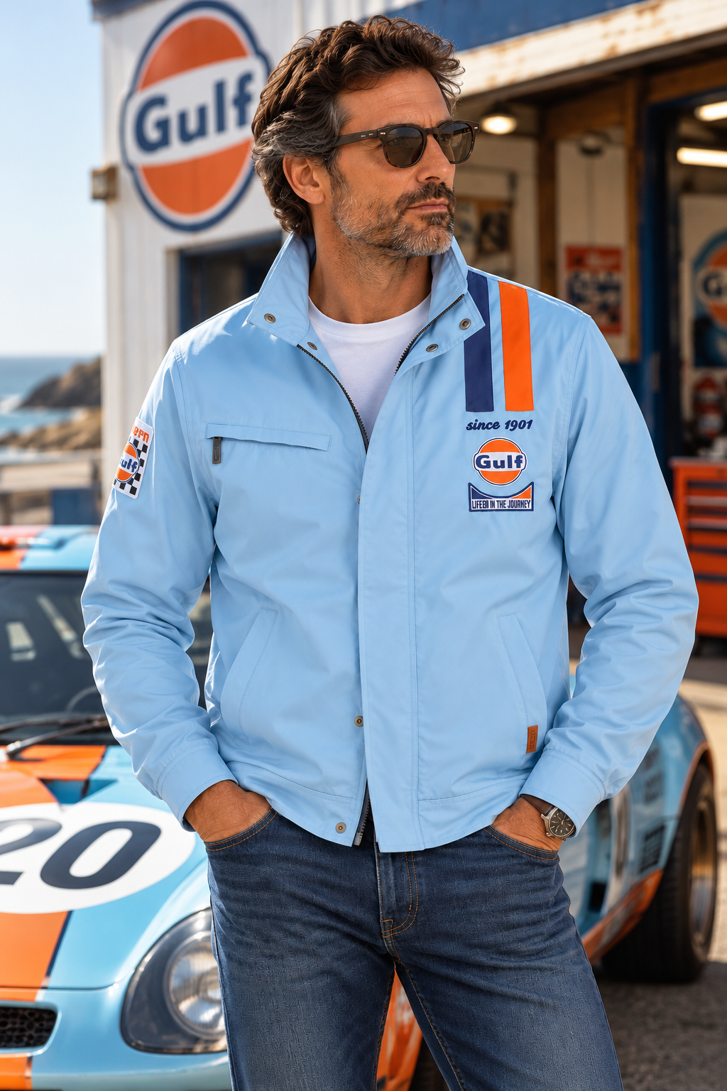 Homme portant la veste Gulf Legend bleu ciel dans un décor automobile vintage inspiré des circuits