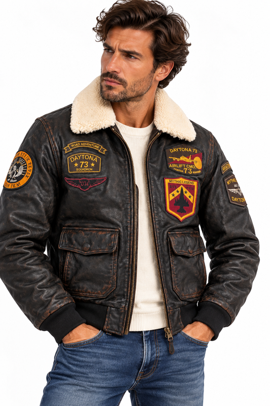 DAYTONA 73 – MOCK | Blouson aviateur en cuir d'agneau vieilli noir