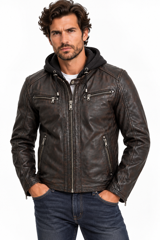 Mannequin portant le blouson cuir Winstoner Daytona 73 marron vieilli avec capuche noire et pantalon sombre sur fond blanc.