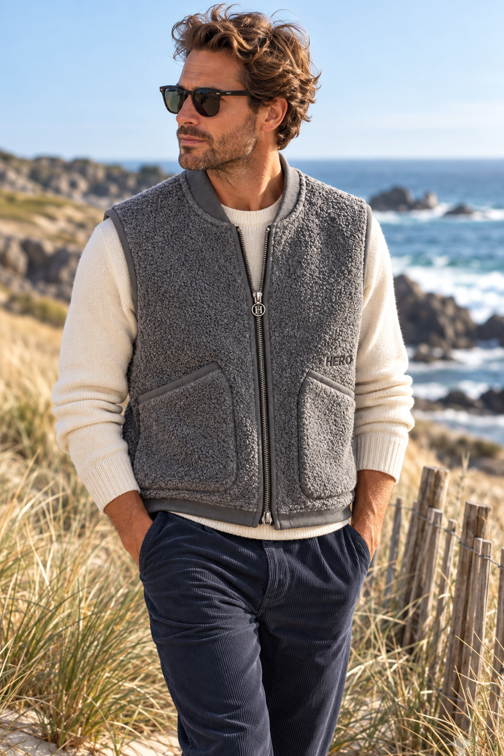 Veste sans manches Arthur Hero Seven portée homme dans les dunes style élégance côtière