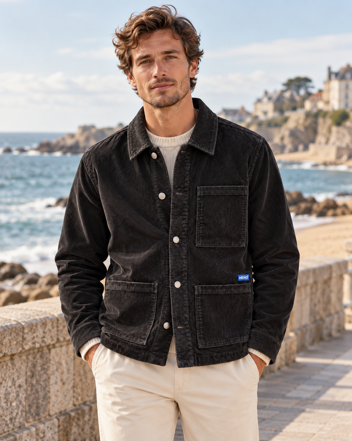 Veste ADRIEL Hero Seven noire portée homme sur le front de mer style élégance côtière