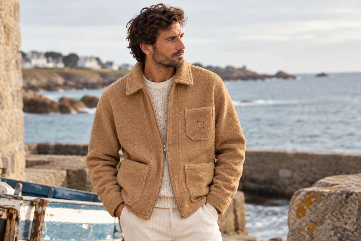 Veste PULLIN BLIND SAND portée par un homme en bord de mer en automne