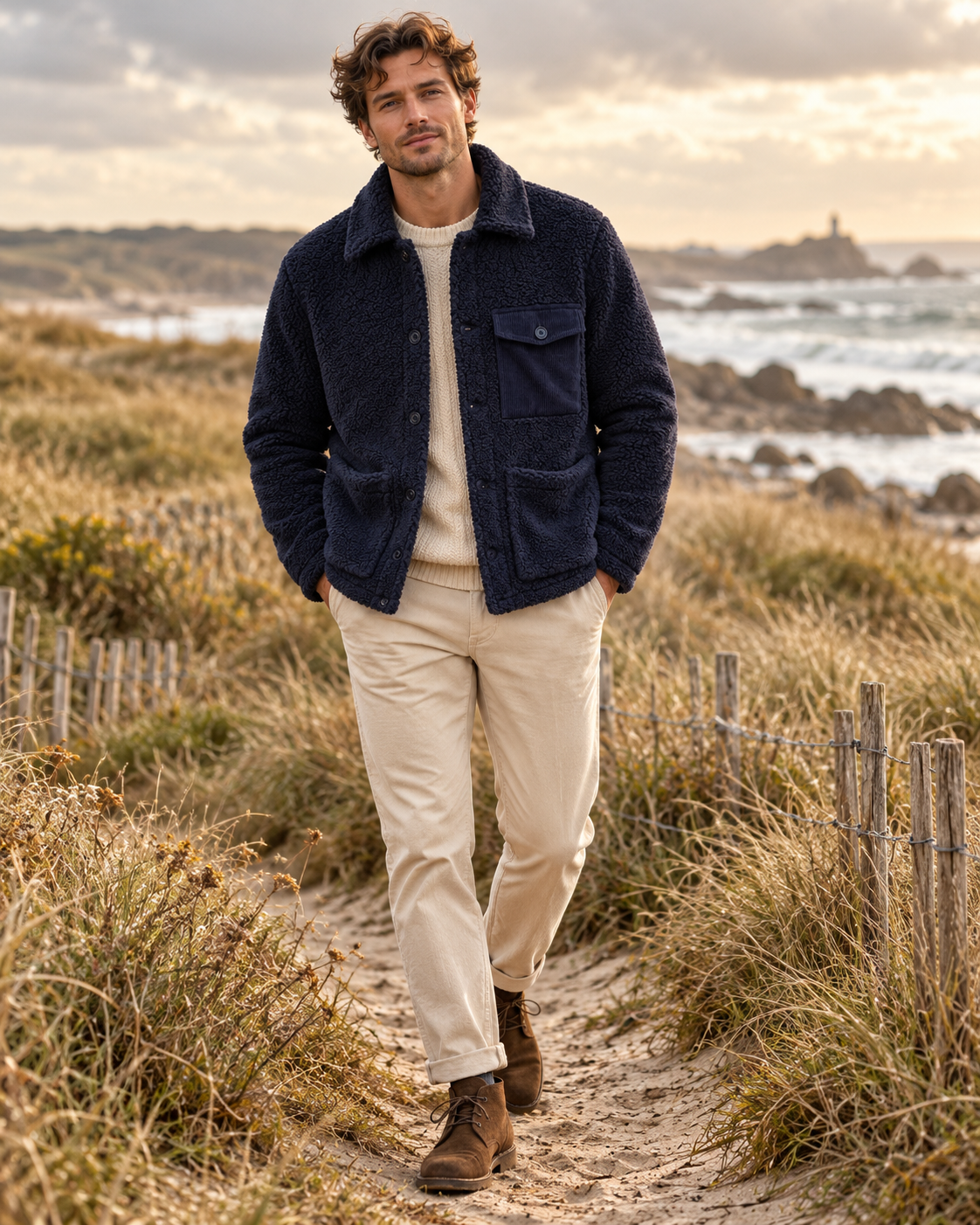 Veste Utility Hartford sherpa marine portée homme dans les dunes style élégance côtière