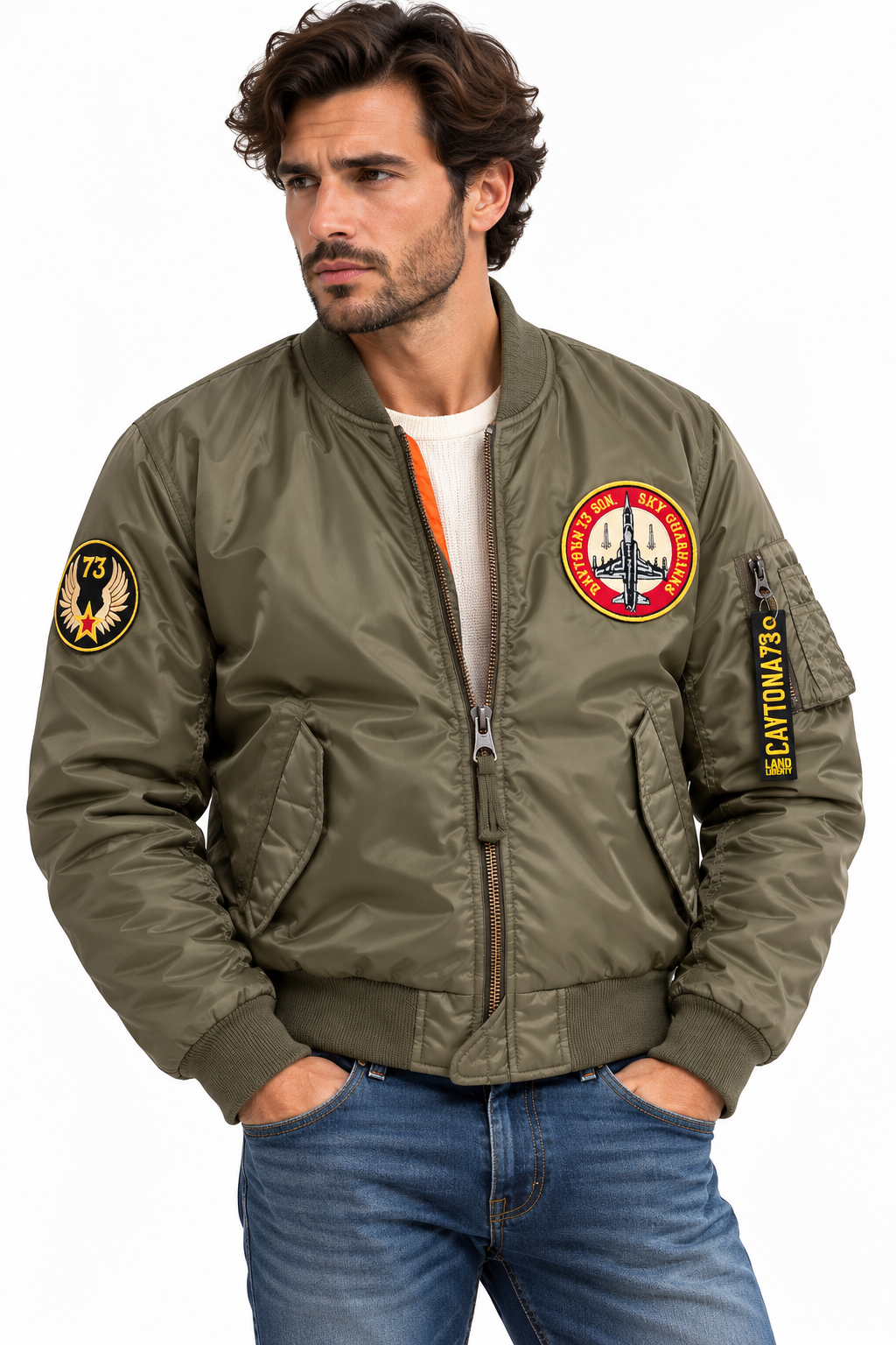 Blouson aviateur Mendes Daytona 73 porté par un mannequin homme sur fond blanc
