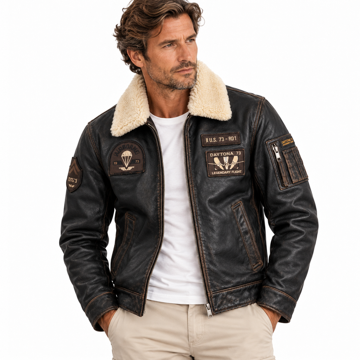 Blouson aviateur CHATOM Daytona 73 en cuir d'agneau noir vieilli porté par un homme