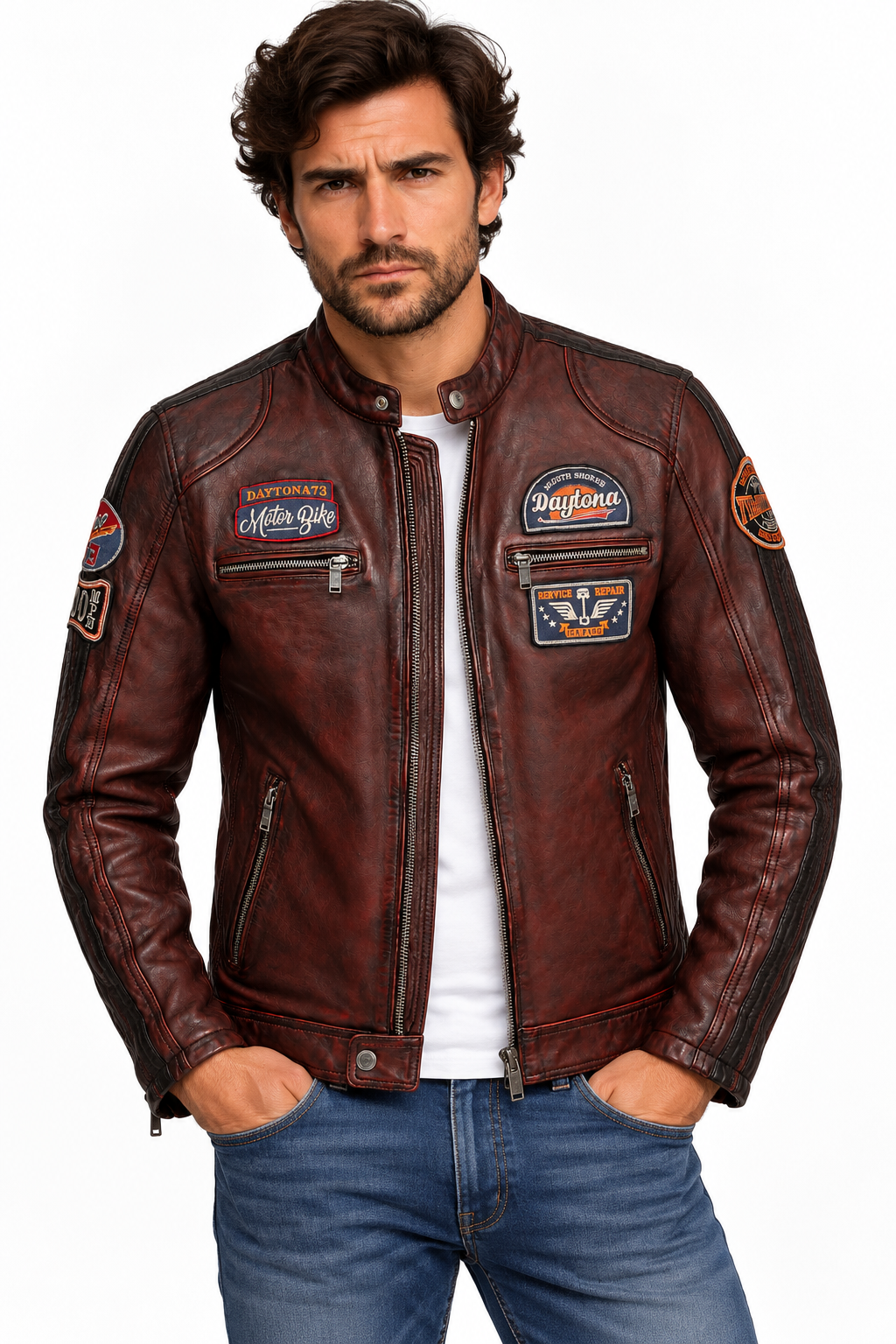 Mannequin portant le blouson Aniak Daytona 73 en cuir bordeaux avec patchs racing vintage sur fond blanc
