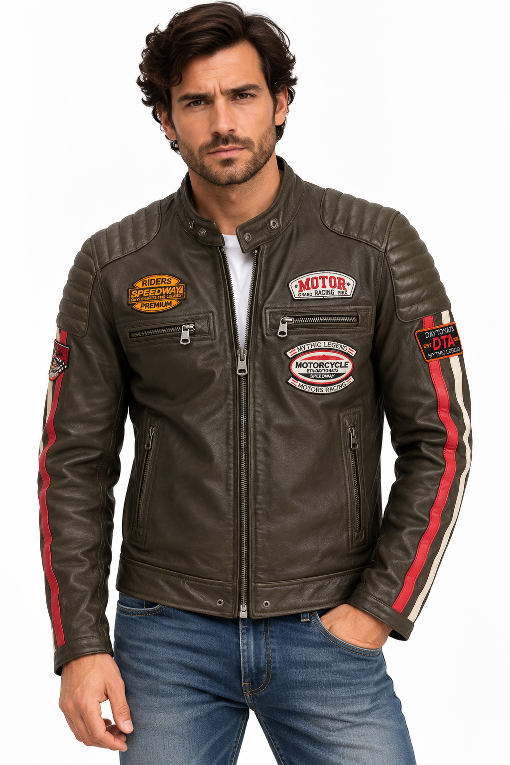 Blouson Gasly Daytona 73 kaki porté par un mannequin homme sur fond blanc