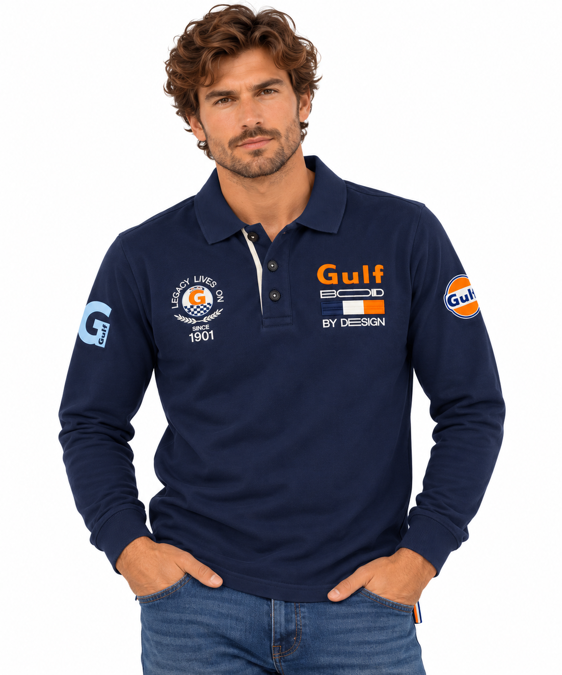 Polo manches longues Gulf bleu marine porté par un homme sur fond blanc