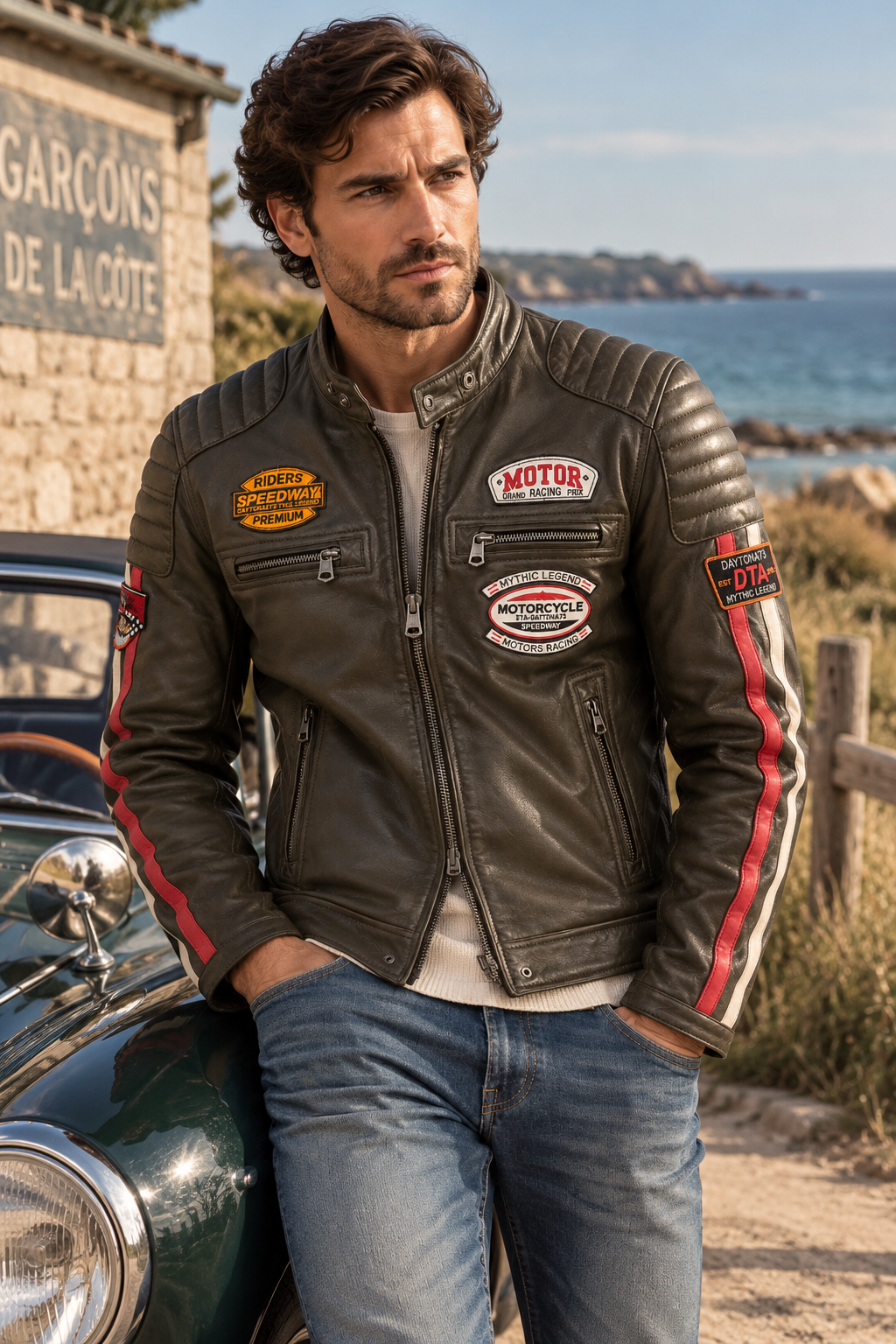 Blouson cuir Gasly Daytona 73 porté près d'une voiture de collection, esprit automobile vintage