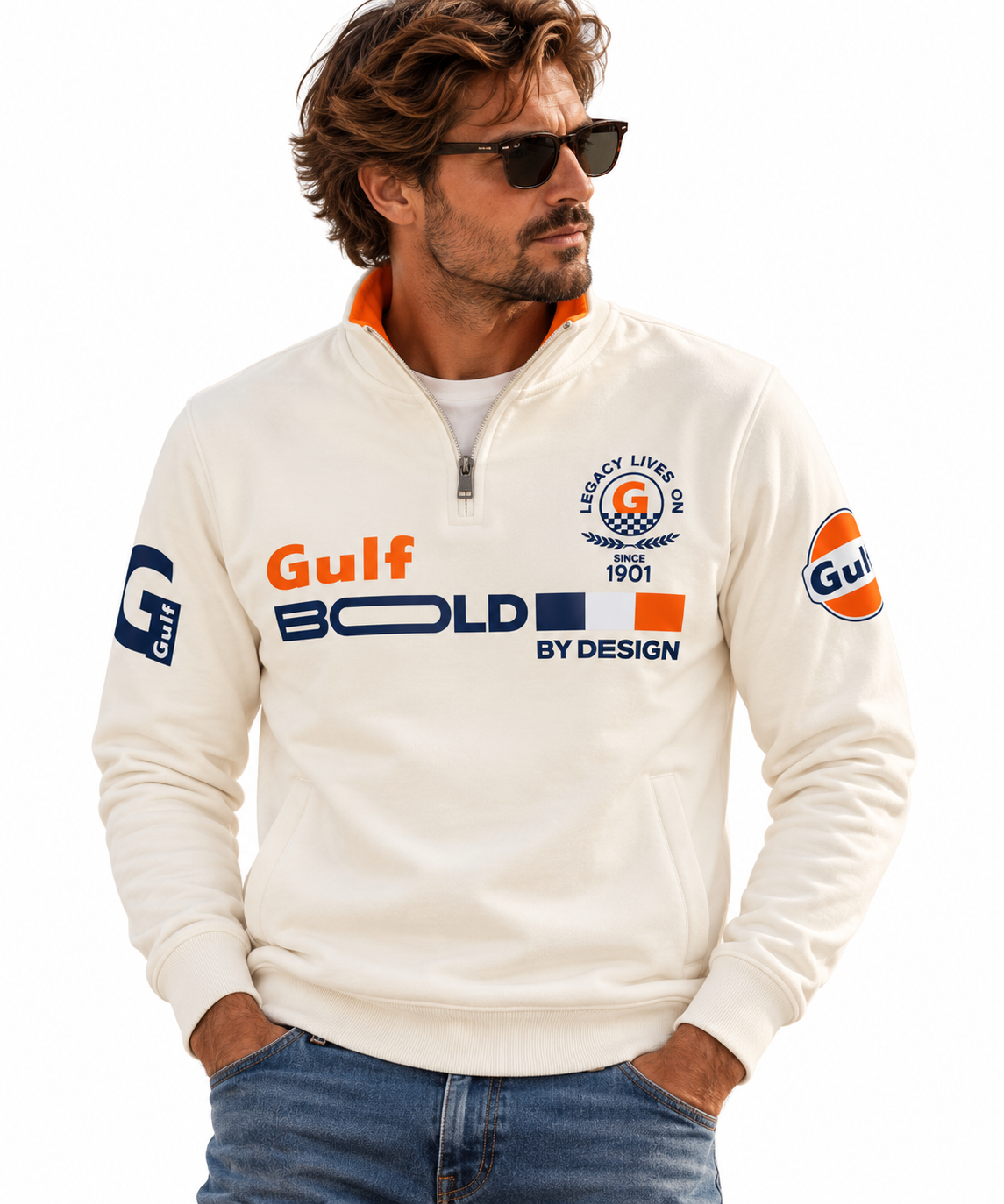 Sweat Gulf Bold 1901 écru porté par un homme, vue de face